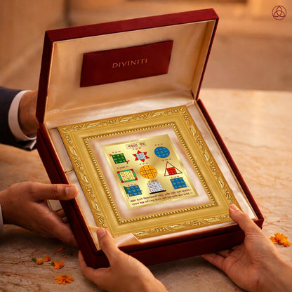 Navagraha  Yantra presented in an elegant box, showcasing sacred planetary symbols, perfect for harmony and prosperity.