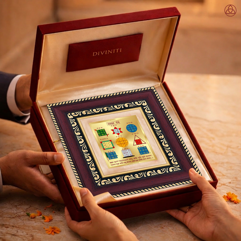 Navagraha Yantra presented in elegant box, showcasing sacred planetary symbols, perfect for harmony and prosperity.
