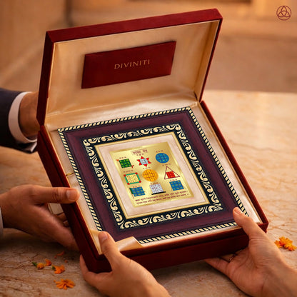Navagraha Yantra presented in elegant box, showcasing sacred planetary symbols, perfect for harmony and prosperity.