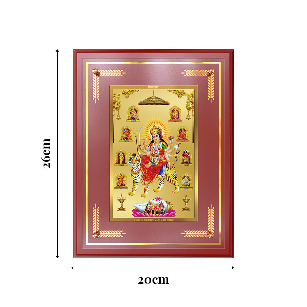 Durga Nav Durga | Goddess Durga in Her Nine Divine Wall and Tabletop Photo Frame in 24K Gold Plated Foil