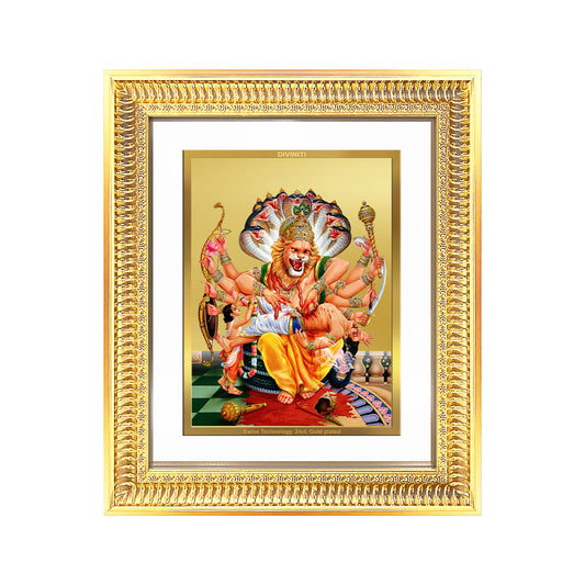 Lord Narasimha wall frame in 24K gold plated foil, showcasing the fierce protector in exquisite detail.