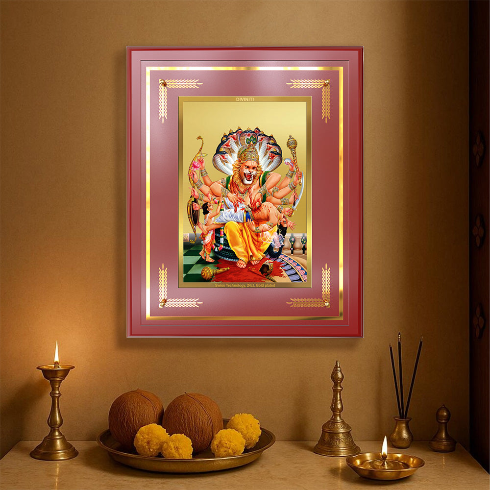 Lord Narasimha | The Fierce Protector Wall & Tabletop Frame in 24K Gold Plated Foil
