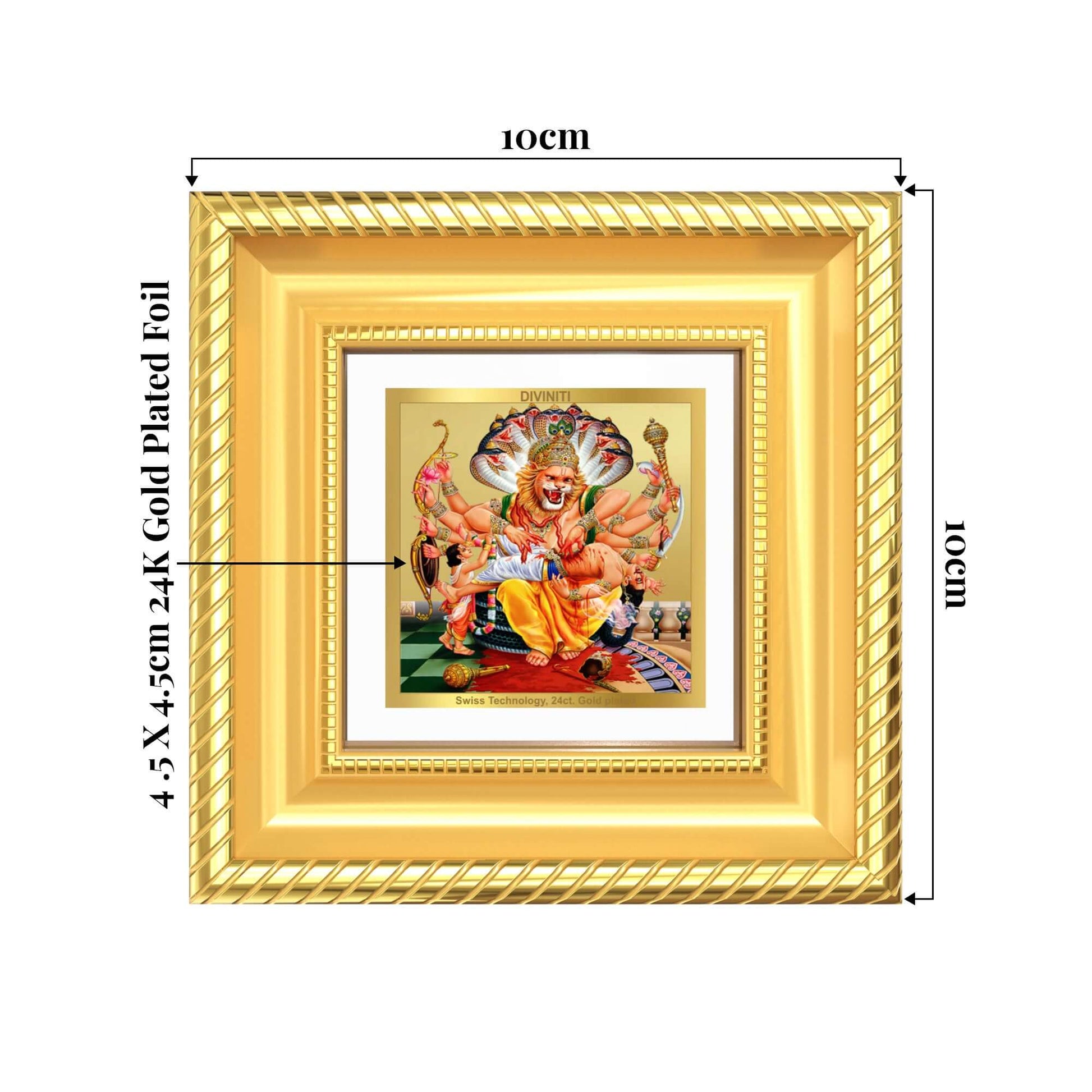 Lord Narasimha Tabletop Frame in 24K Gold Plated Foil showing product dimensions, ideal for spiritual décor and devotional gifting.