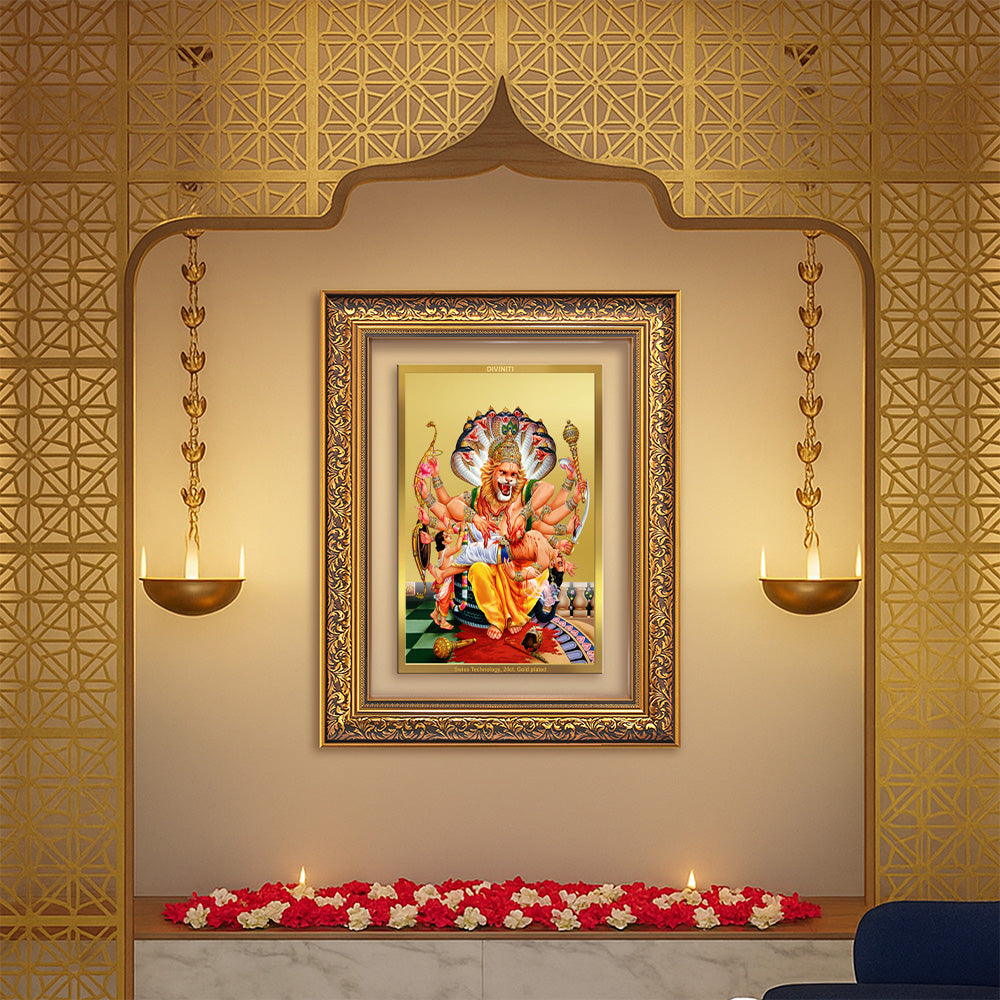 Lord Narasimha | The Fierce Protector Wall Photo Frame in 24K Gold Plated Foil