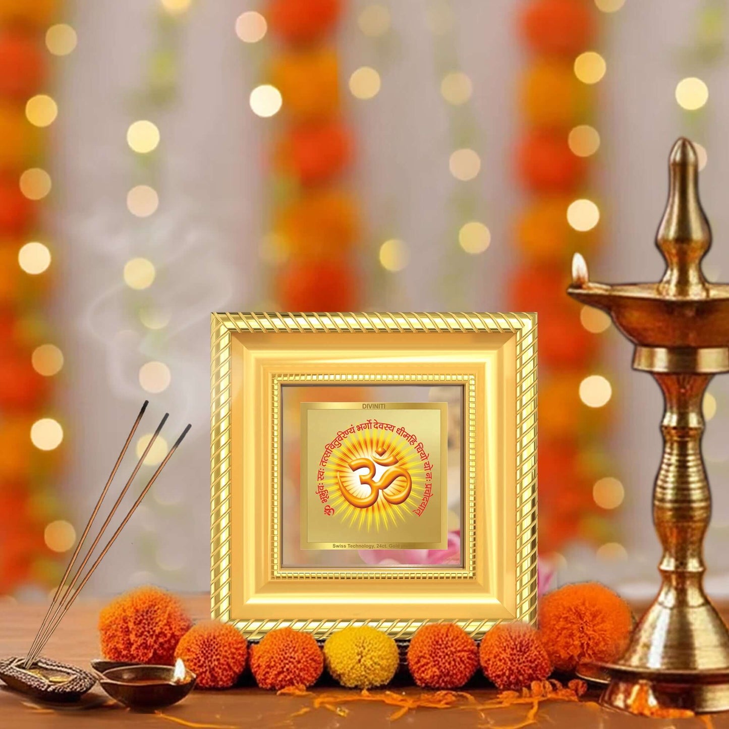 Om & Gayatri Mantra | Sacred Symbols & Chant | Divine Spiritual Energy For Tabletop Frame in 24K Gold Plated Foil