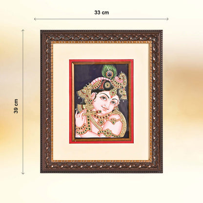 Tanjore Handmade Krishna Ji Face with Flute Wall Painting (33x5x39 cm)