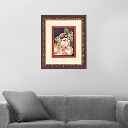 Tanjore Handmade Krishna Ji Face with Flute Wall Painting (33x5x39 cm)