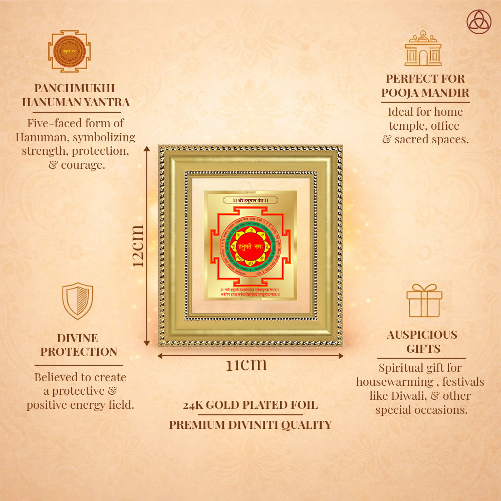 Panchmukhi Hanuman Yantra framed in 24K gold plated foil, symbolizing balance of planetary energies and harmony.