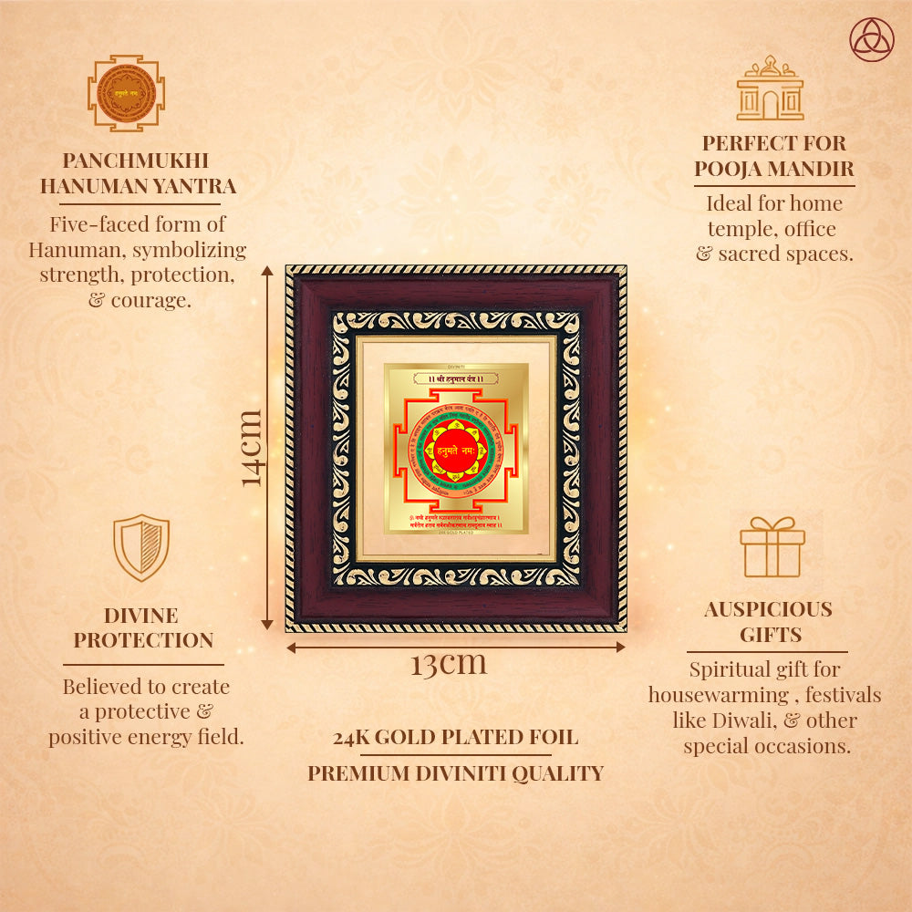 Panchmukhi Hanuman Yantra artwork featuring 24K gold plated foil, ideal for spiritual protection and healing.
