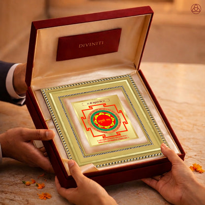 Panchmukhi Hanuman Yantra presented in an elegant box, showcasing sacred planetary symbols, perfect for harmony and prosperity.