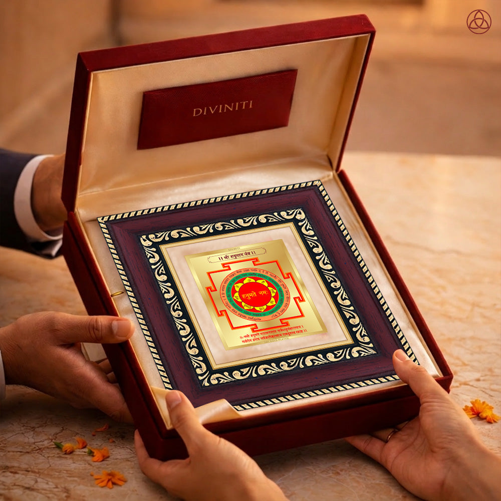 Panchmukhi Hanuman Yantra presented in a luxurious box, symbolizing divine protection and healing energy.