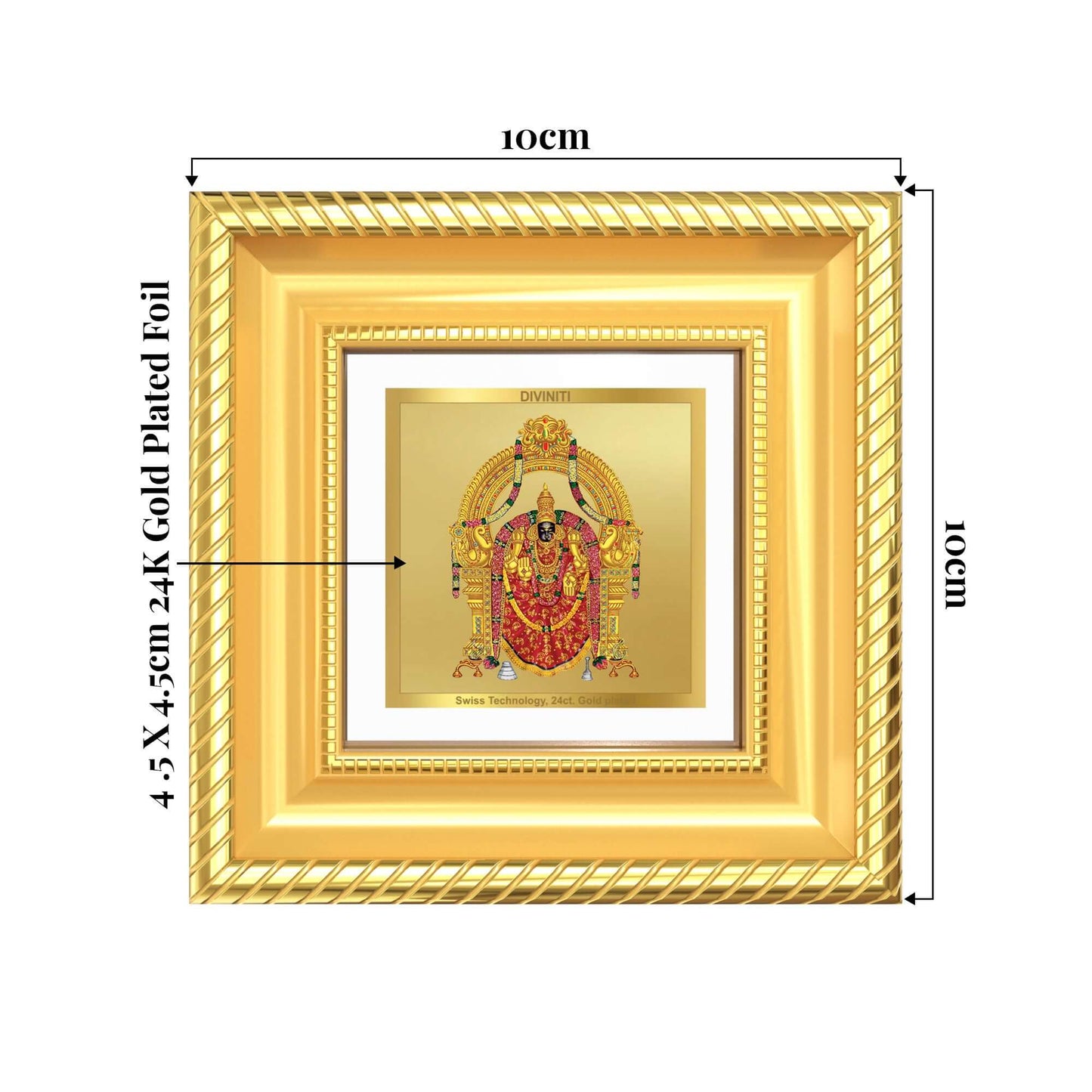 Shri Padmavati Tabletop Frame in 24K Gold Plated Foil showing product dimensions, ideal for spiritual décor and devotional gifting.
