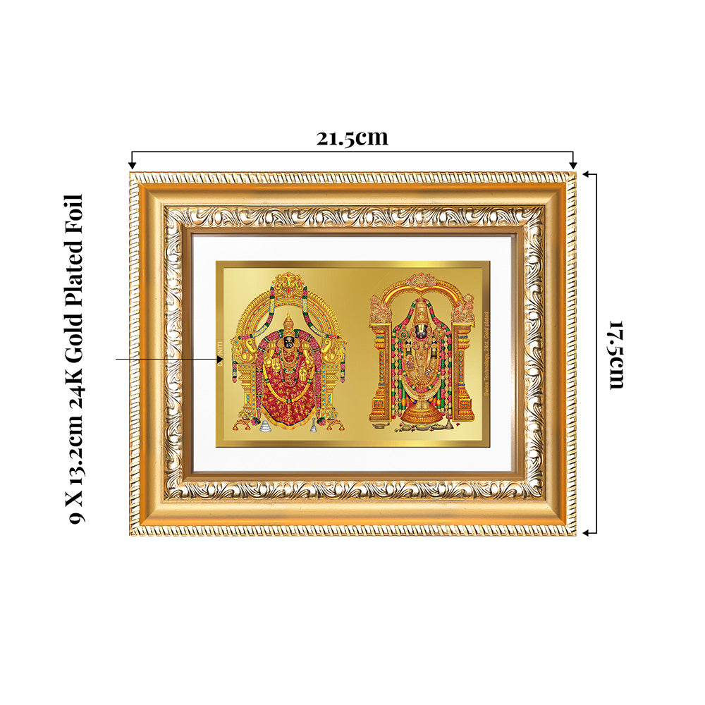 Lord Venkateswara Tirupati Balaji & Goddess Padmavati 24K gold plated foil photo frame with ornate detailing.