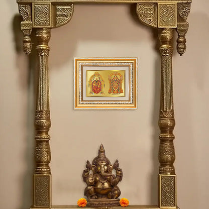 Lord Venkateswara Tirupati Balaji & Goddess Padmavati framed in a decorative wall frame above a statue of Lord Ganesha.