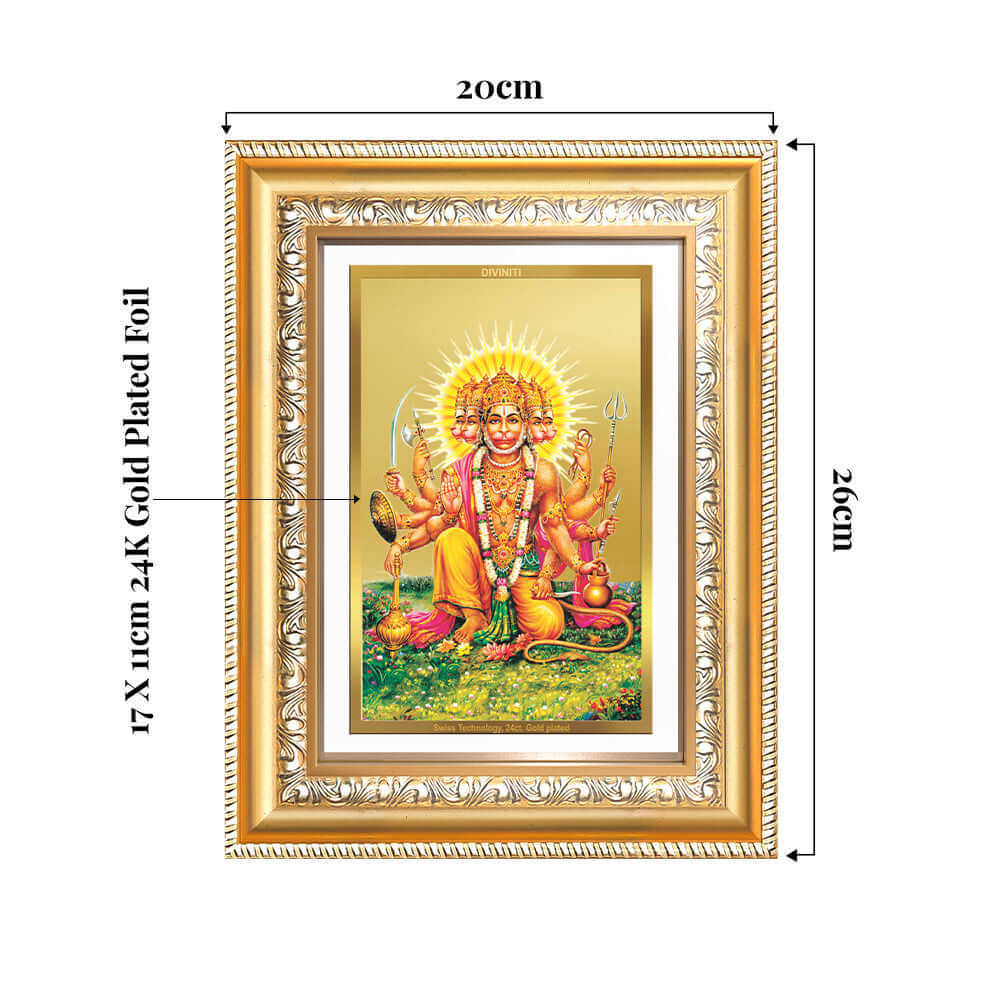 Panchmukhi Hanuman photo frame with 24K gold plated foil, dimensions 20cm x 26cm, showcasing divine art.