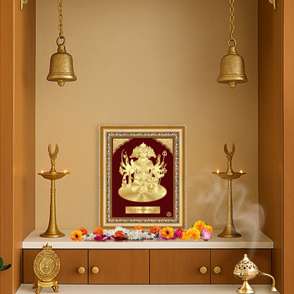 Panchmukhi Hanuman | Five-Faced Hanuman Gold on Gold Wall Hanging Frame in 24K Gold Plated Foil