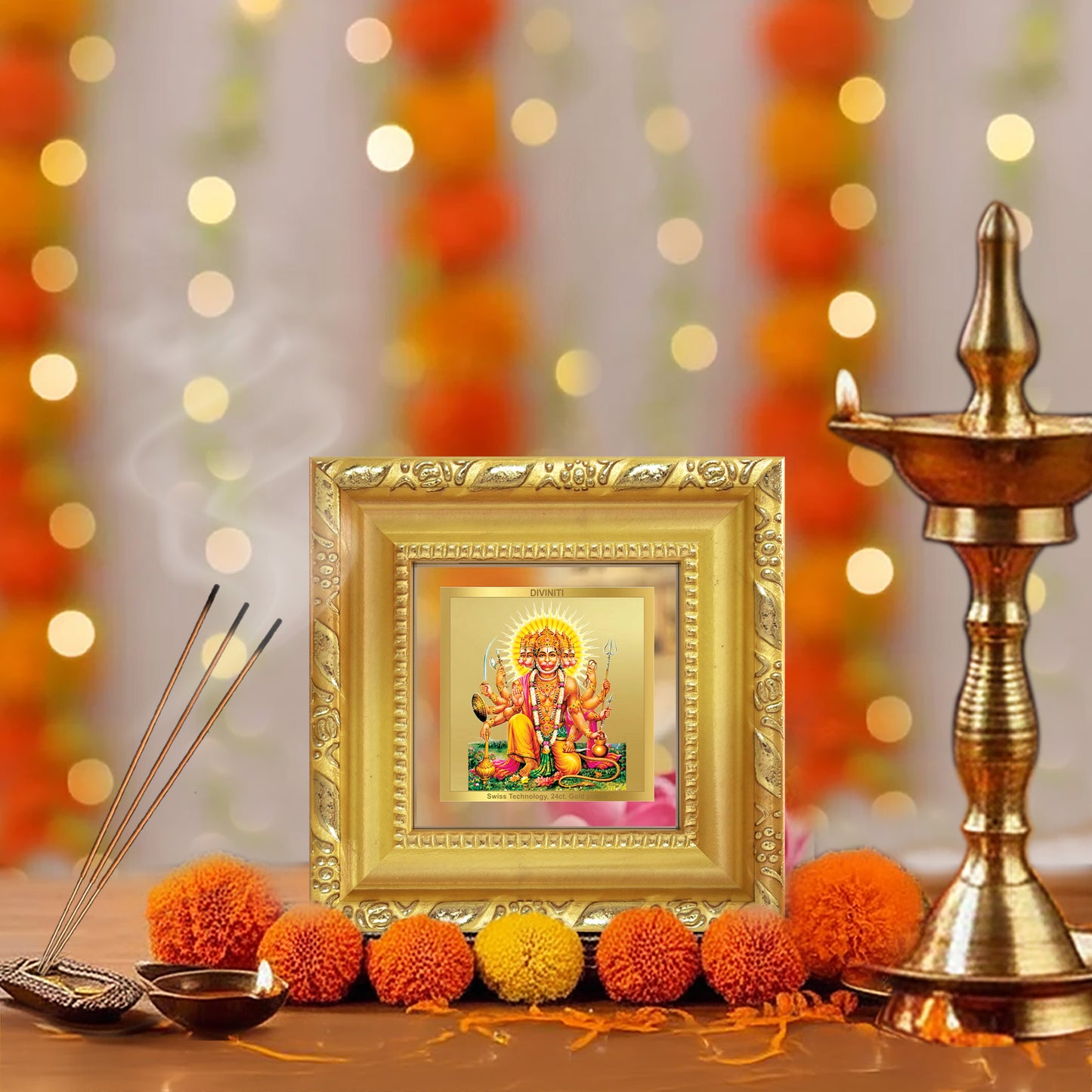 Panchmukhi Hanuman | Five-Faced Hanuman Tabletop Frame in 24K Gold Plated Foil