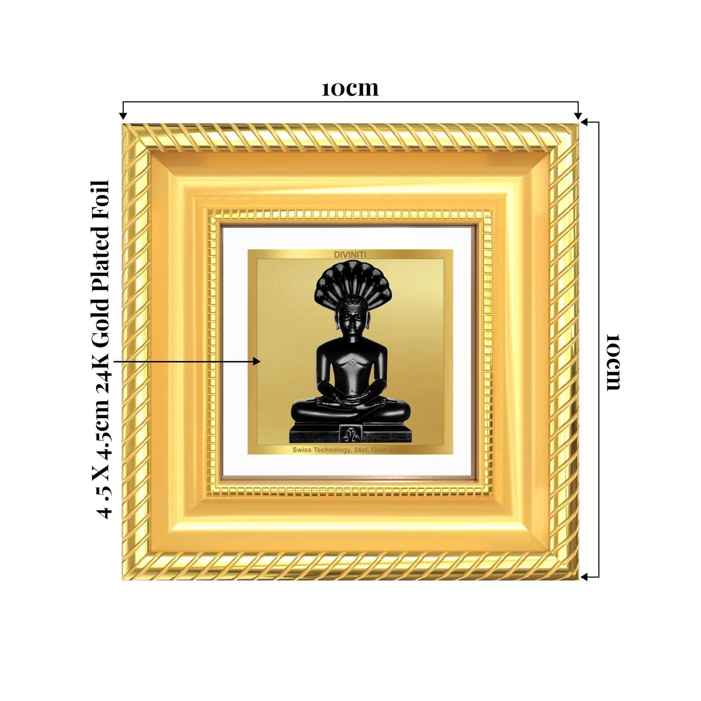 Lord Parshvanatha Tabletop Frame in 24K Gold Plated Foil showing product dimensions, ideal for spiritual décor and devotional gifting.