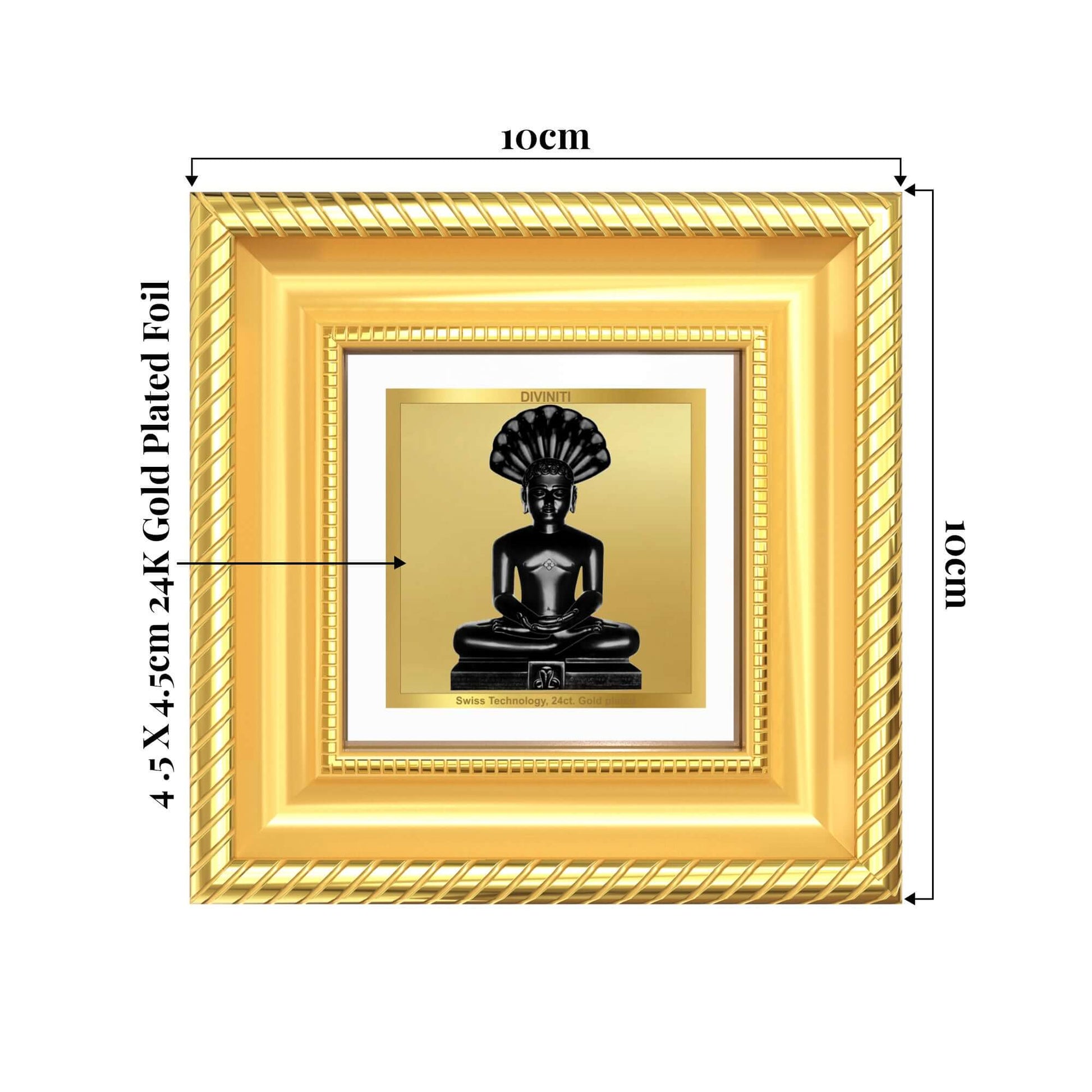 Lord Parshvanatha Tabletop Frame in 24K Gold Plated Foil showing product dimensions, ideal for spiritual décor and devotional gifting.