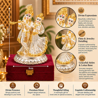 999 Silver-Plated Dual-Tone Radha Krishna Idol | Premium Gift Box | 12x8 CM