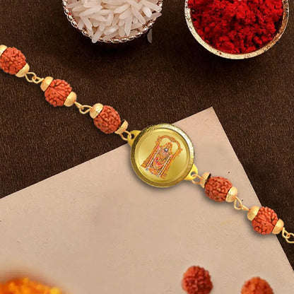 Tirupati Balaji Rudraksha Bracelet with 18MM 24K Gold Plated Foil Divine Raksha Bandhan Gift