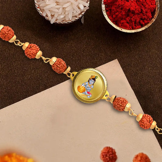 Makkan Laddu Gopal Rudraksha Bracelet with 18MM 24K Gold Plated Foil Divine Raksha Bandhan Gift