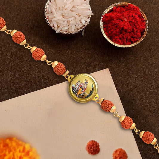 krishna with Surbhi Cow Rudraksha Bracelet with 24K Gold Plated Foil Divine Raksha Bandhan Gift