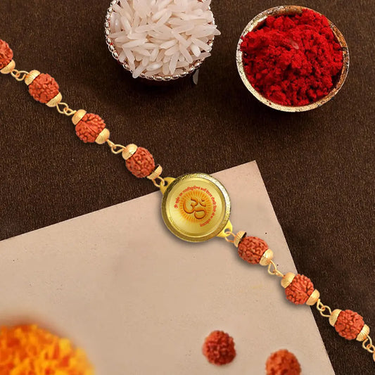 Om with Gayatri Mantra Rudraksha Bracelet with 22MM 24K Gold Plated Foil Divine Raksha Bandhan Gift