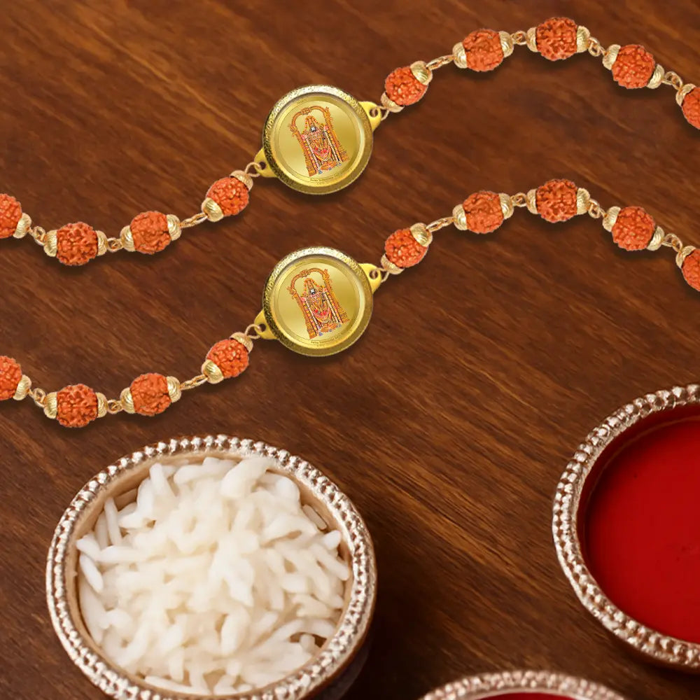 Tirupati Balaji Rudraksha Bracelet with 18MM 24K Gold Plated Foil Divine Raksha Bandhan Gift