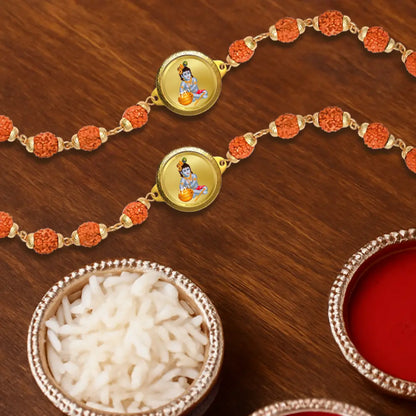 Makkan Laddu Gopal Rudraksha Bracelet with 22MM 24K Gold Plated Foil Divine Raksha Bandhan Gift