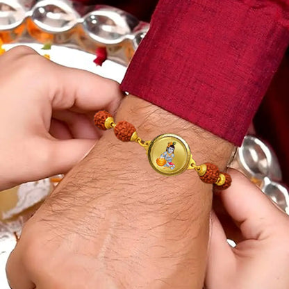 Makkan Laddu Gopal Rudraksha Bracelet with 22MM 24K Gold Plated Foil Divine Raksha Bandhan Gift