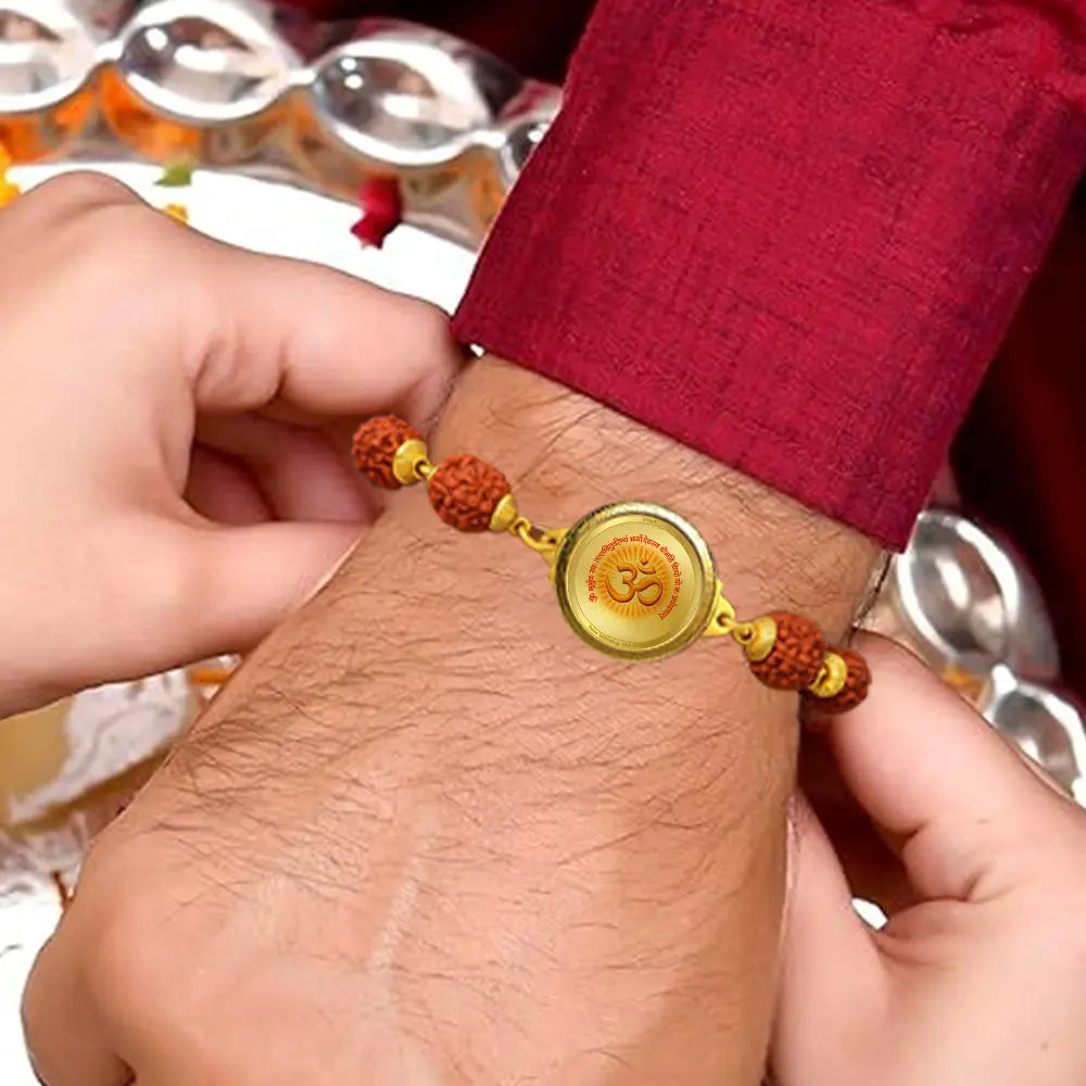 Om with Gayatri Mantra Rudraksha Bracelet with 22MM 24K Gold Plated Foil Divine Raksha Bandhan Gift