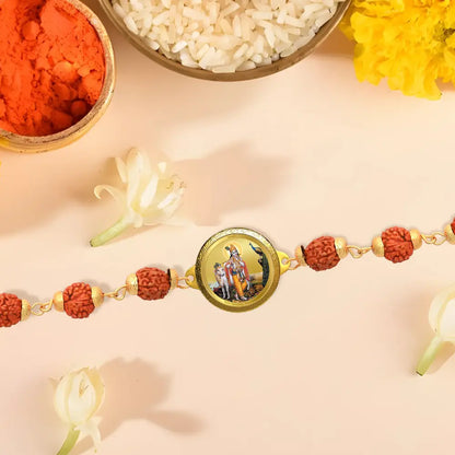 krishna with Surbhi Cow Rudraksha Bracelet with 22MM 24K Gold Plated Foil Divine Raksha Bandhan Gift
