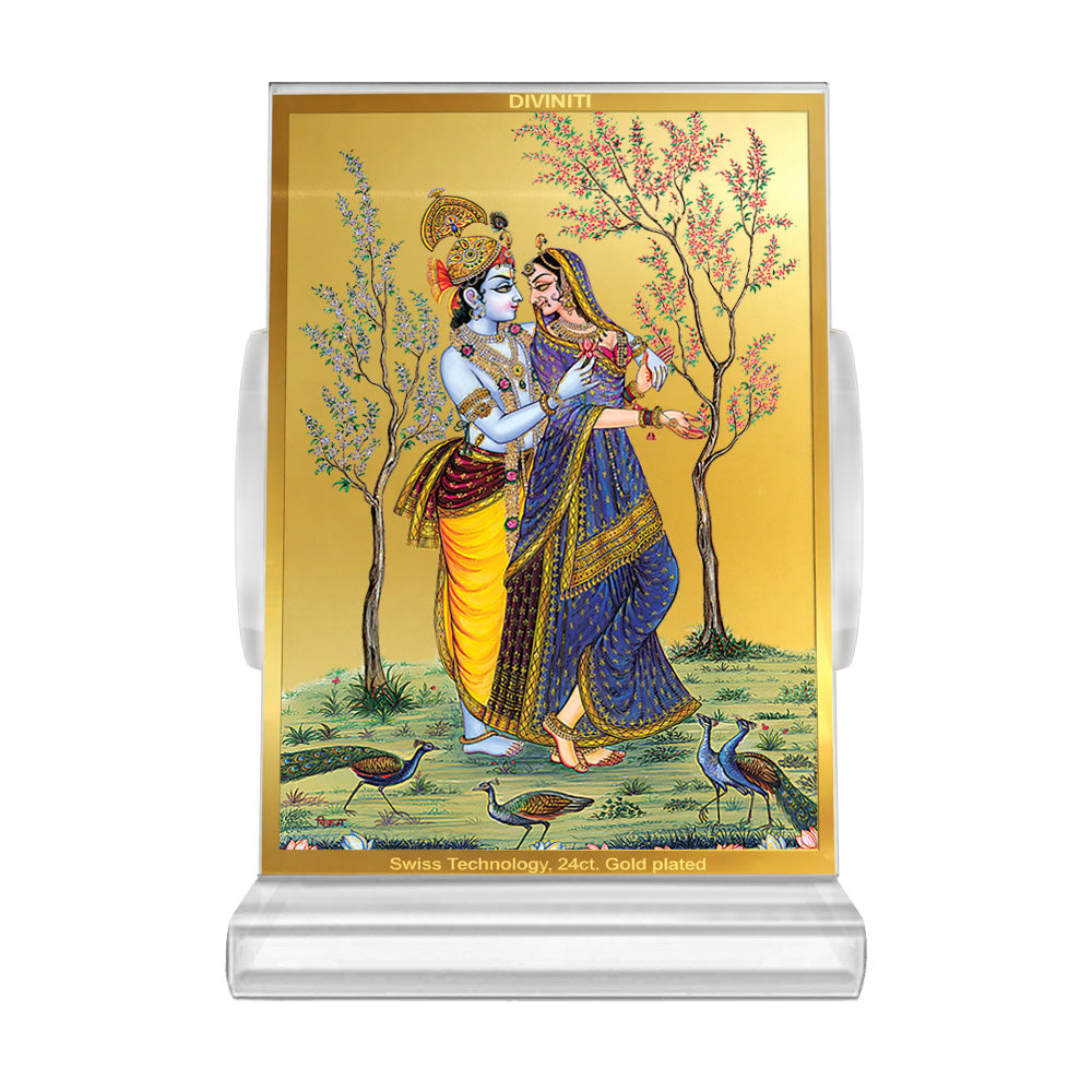Diviniti 24K Gold Plated Radha Krishna Frame For Car Dashboard, Home Decor, Table Top, Puja, Gift (11 x 6.8 CM)