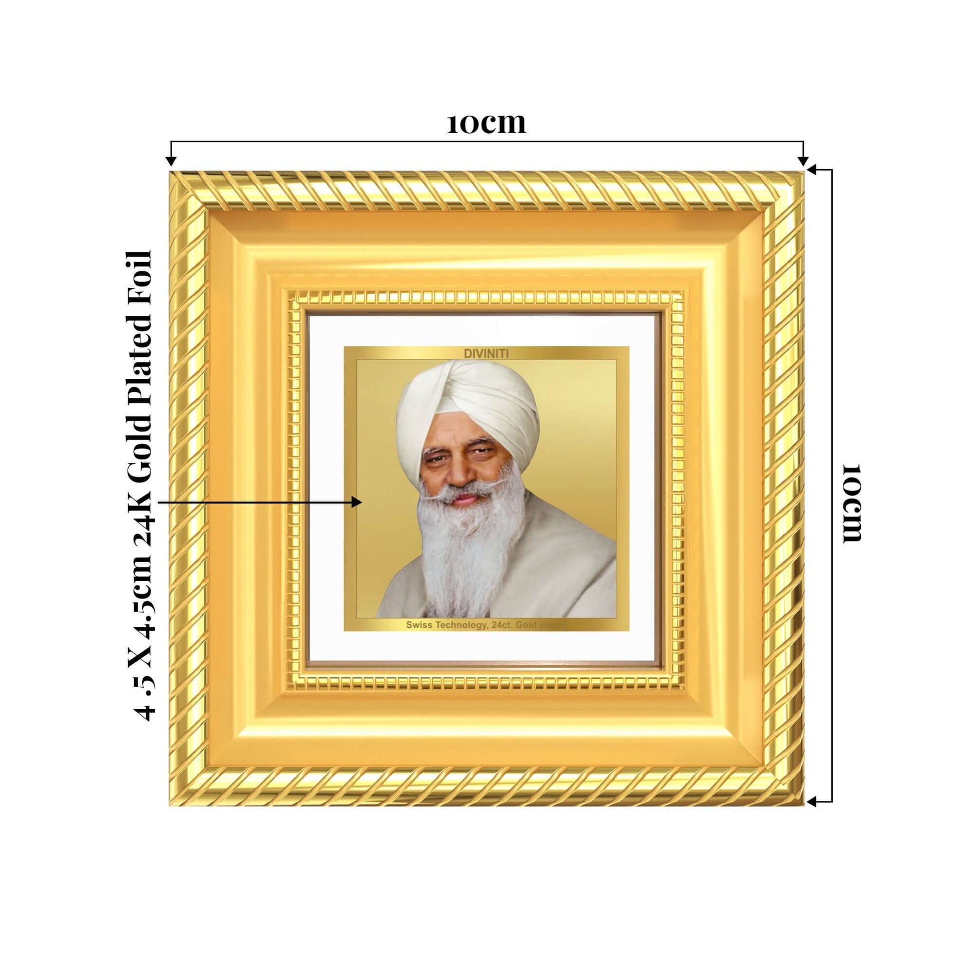 Baba Gurinder Singh Ji Maharaj in 24k gold plated foil showing product dimensions, ideal for spiritual décor and devotional gifting.