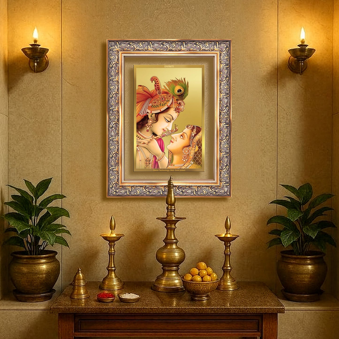 Radha Krishna with Flute | Lord Krishna Wall Mount Photo Frame in 24K Gold Plated Foil