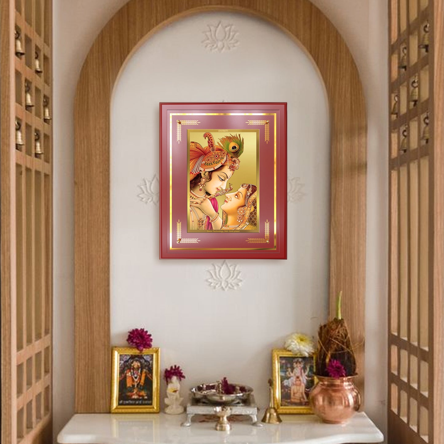Radha Krishna with Flute | Lord Krishna Wall Mount Photo Frame in 24K Gold Plated Foil