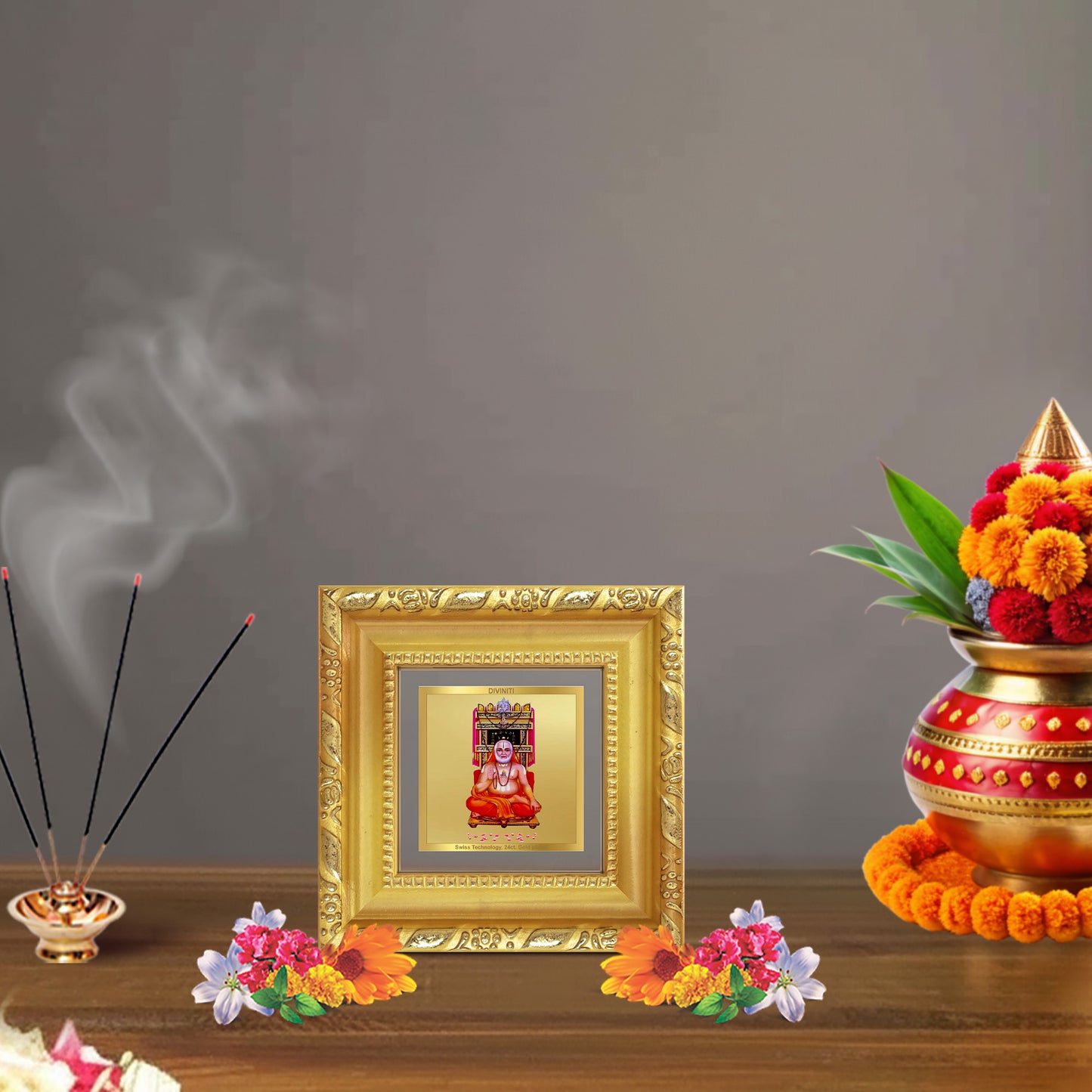 Sri Raghavendra Tirtha Swami | Revered Madhwa Saint Tabletop Frame in 24K Gold Plated Foil