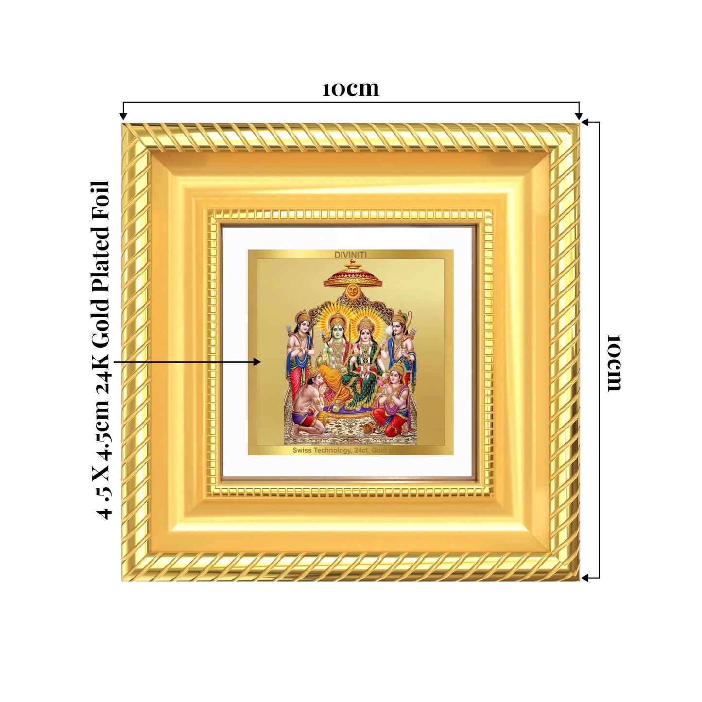 Ram Darbar Tabletop Frame in 24K Gold Plated Foil showing product dimensions, ideal for spiritual décor and devotional gifting.