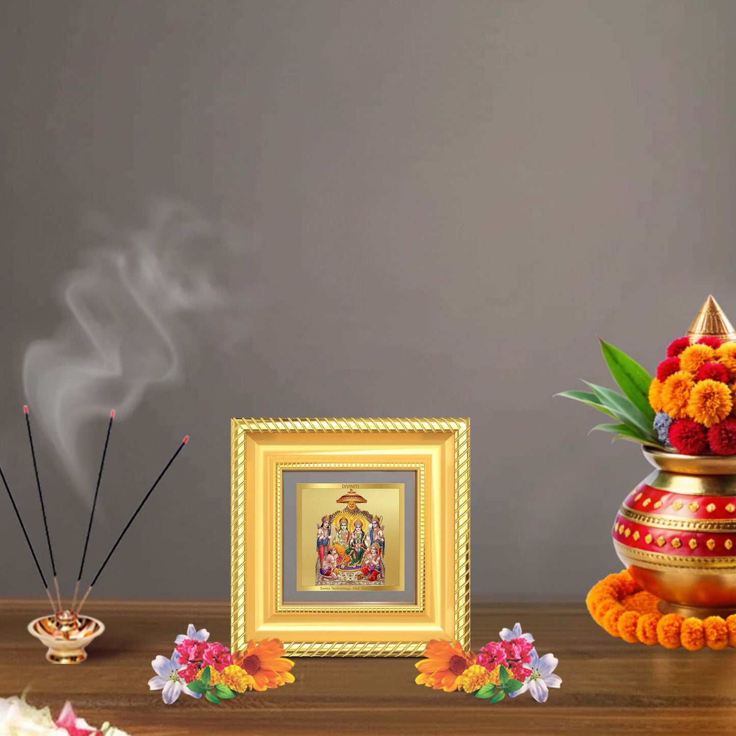Ram Darbar Tabletop Frame in 24K Gold Plated Foil displayed in a beautifully decorated wooden wall shrine.