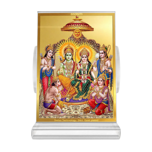 Diviniti 24K Gold Plated Ram Darbar Frame For Car Dashboard, Home Decor, Tabletop, Puja Room, Gift (ACF 3)(11 x 6.8 CM)