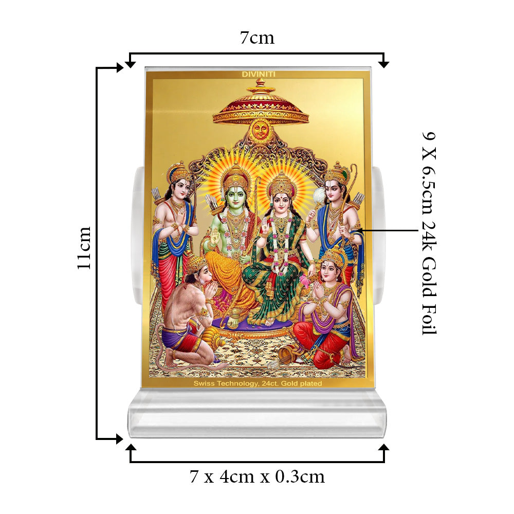Diviniti 24K Gold Plated Ram Darbar Frame For Car Dashboard, Home Decor, Tabletop, Puja Room, Gift (ACF 3)(11 x 6.8 CM)
