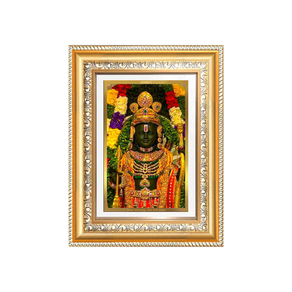 Ram Lalla in ornate frame with colorful floral decorations at Ayodhya Temple, symbolizing divine blessing.