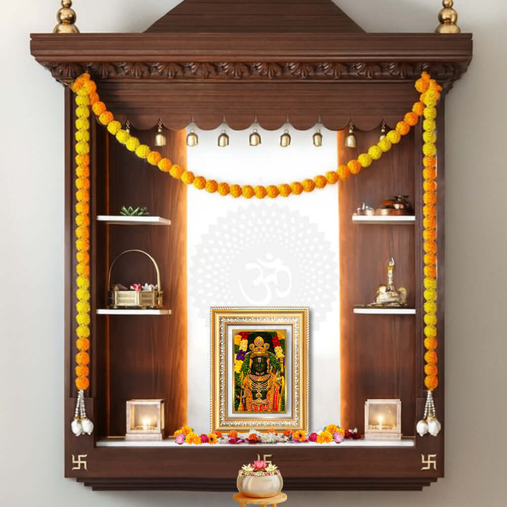 Ram Lalla framed photo in a beautifully decorated wooden altar with flowers and spiritual items.