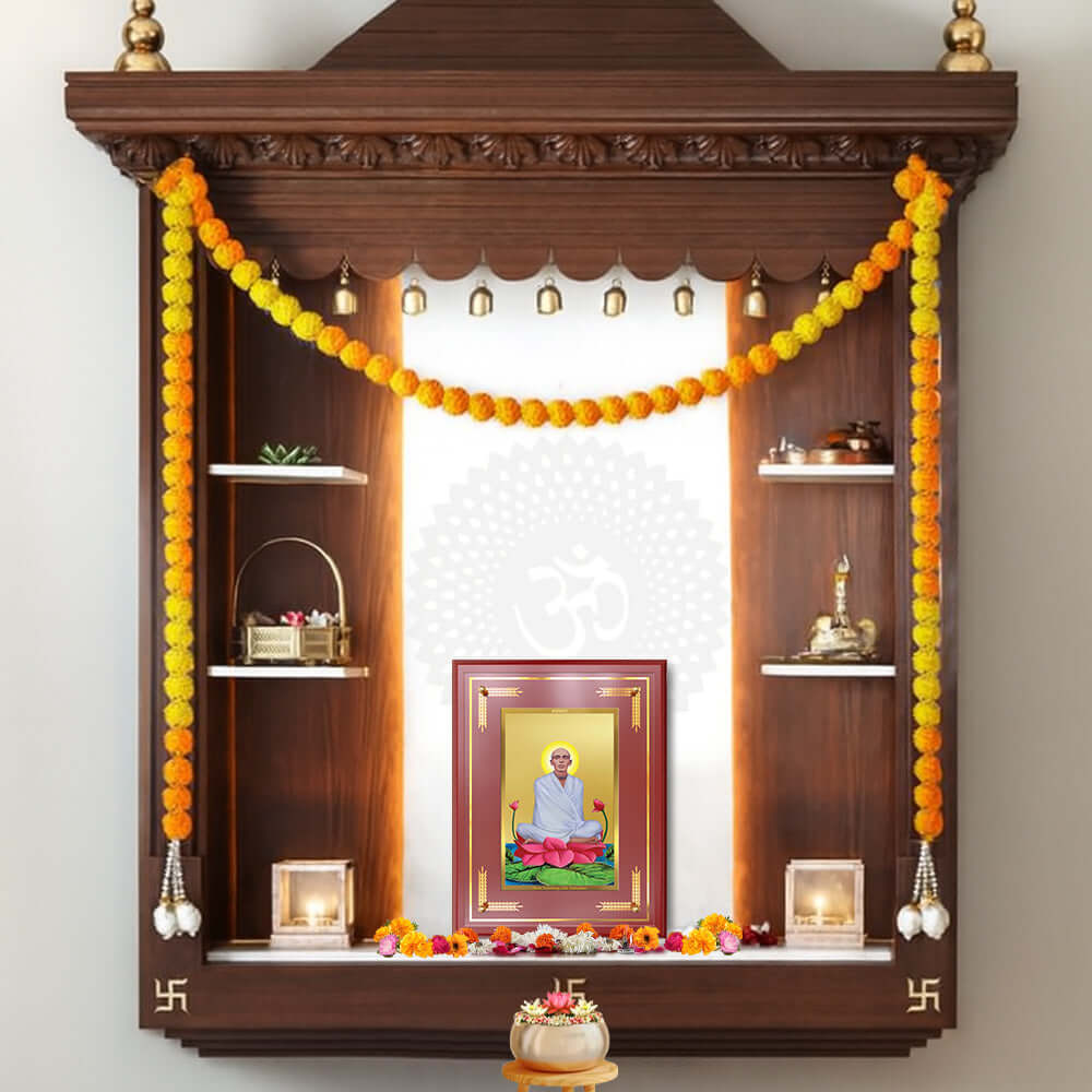 Saint Ram Thakur Photo Frame displayed in a luxurious temple-style wall décor with hanging oil lamps and floral offerings
