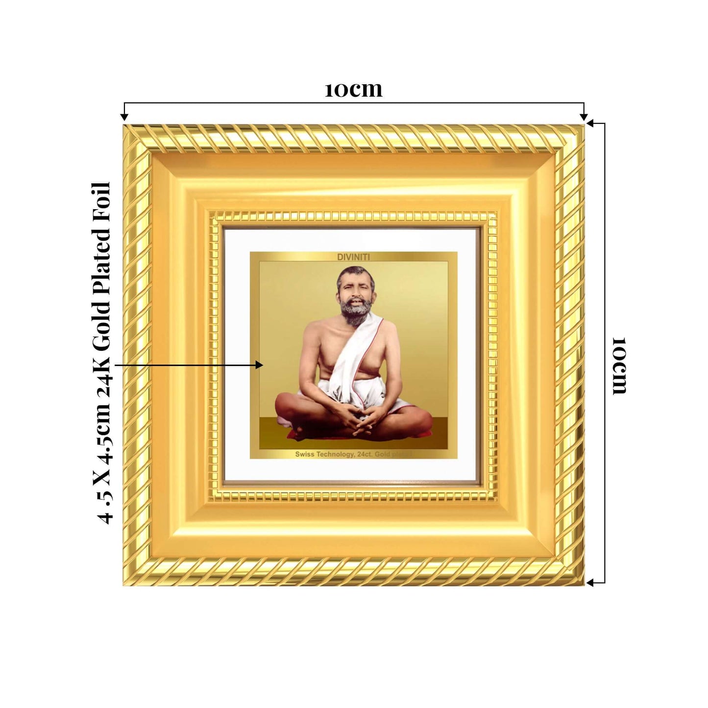 Sri Ramakrishna Paramahamsa Tabletop Frame in 24K Gold Plated Foil showing product dimensions, ideal for spiritual décor and devotional gifting.