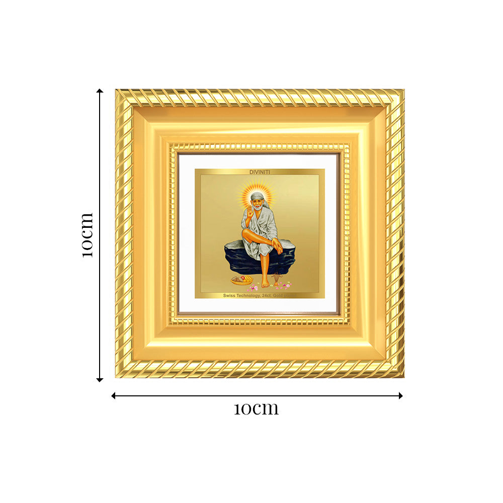 Diviniti Sai Baba on Rock (Shirdi Sai Baba) Tabletop Frame in 24K Gold Plated Foil | Faith, Peace & Divine Blessings | DG015S1A (10x10 CM)