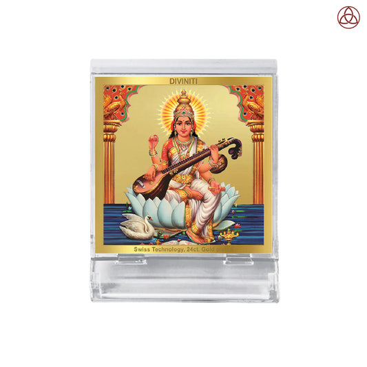 Goddess Saraswati Mata | Spiritual Car Dashboard & Tabletop Frame in 24K Gold Plated Foil