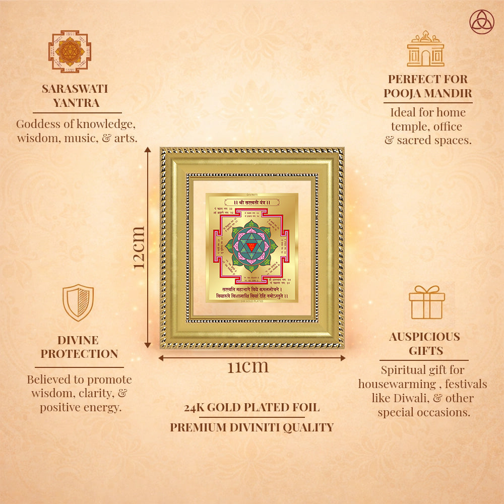 Saraswati Yantra framed in 24K gold plated foil, symbolizing balance of planetary energies and harmony.