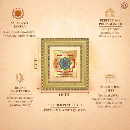 Saraswati Yantra framed in 24K gold plated foil, symbolizing balance of planetary energies and harmony.
